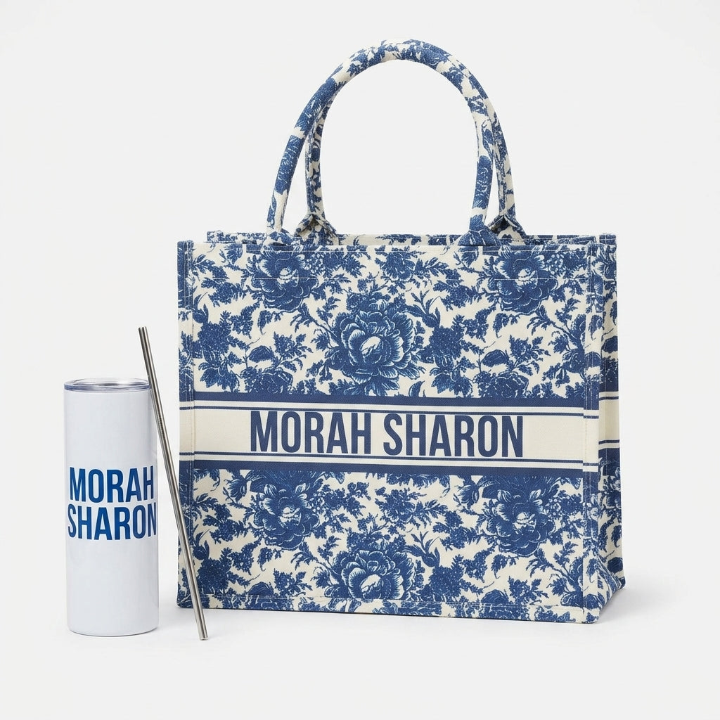 Blue and white floral tote