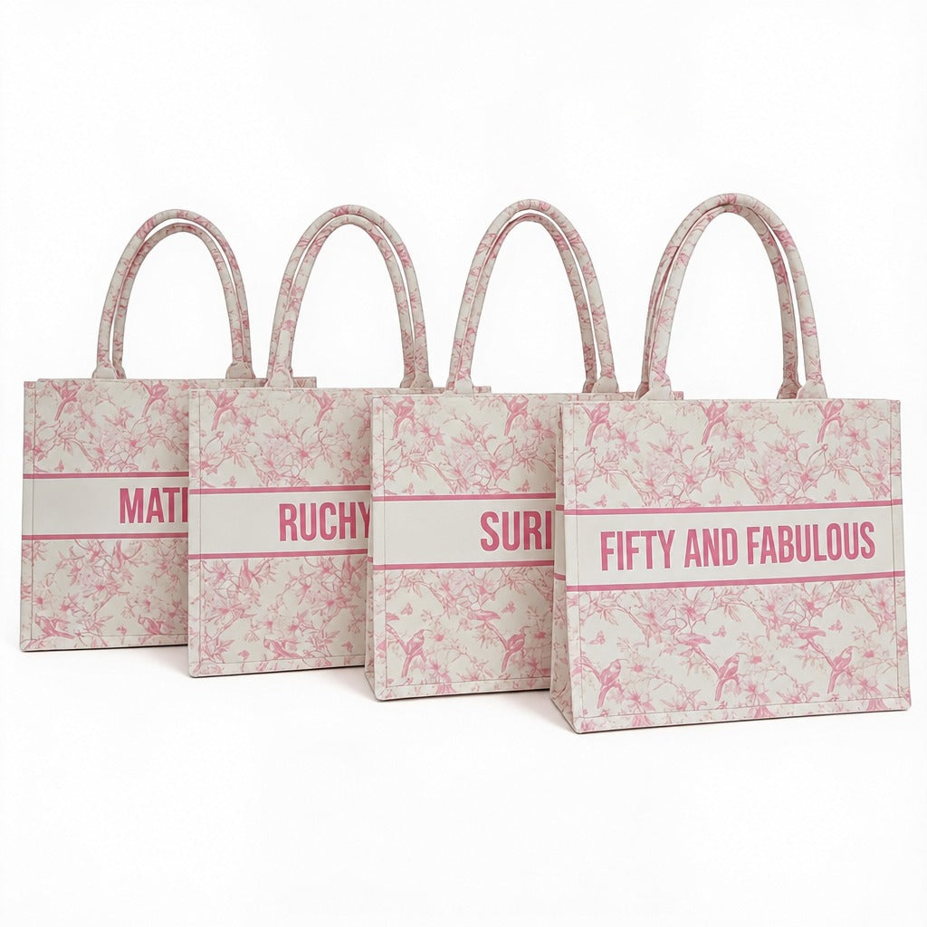 Pink bird toile tote