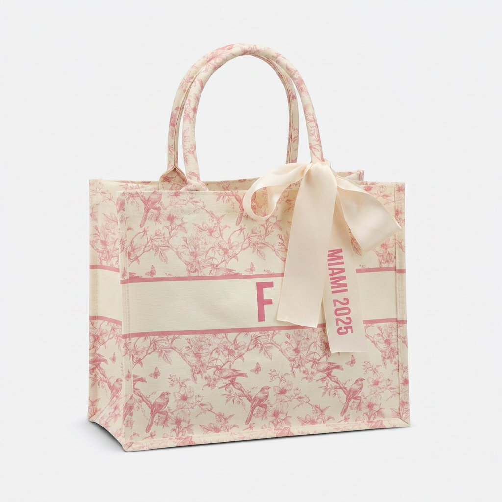 Pink bird toile tote