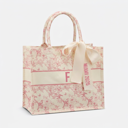 Pink bird toile tote
