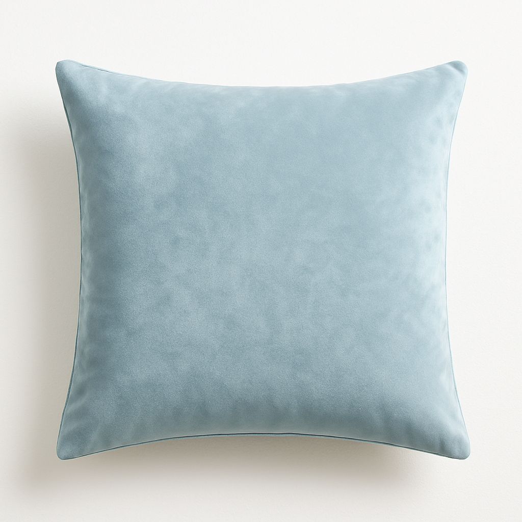 Square pillow, light blue velvet cover, no words or pictures, on a white background. The pillow will be used for adding custom logos. The full image should be a square, with a nice-sized margin around the pillow