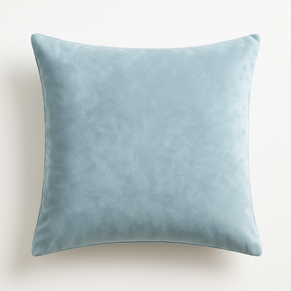 Square pillow, light blue velvet cover, no words or pictures, on a white background. The pillow will be used for adding custom logos. The full image should be a square, with a nice-sized margin around the pillow